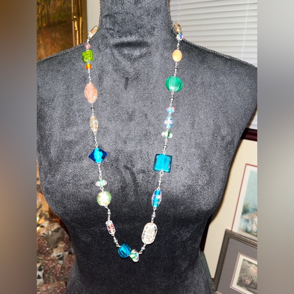 Sterling Silver Multicolor Art Glass Beaded Necklace Adjustable Statement